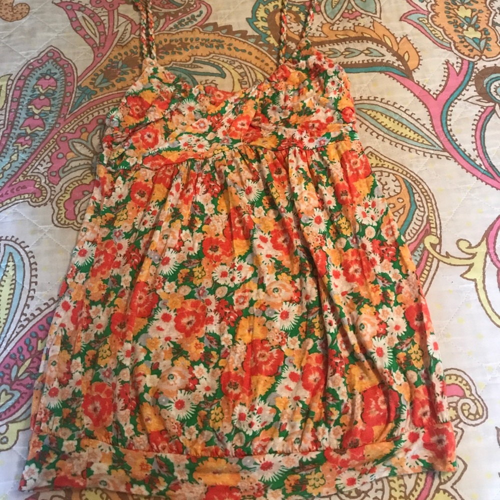Soprano Orange Green Floral Print Tank Top Shirt M